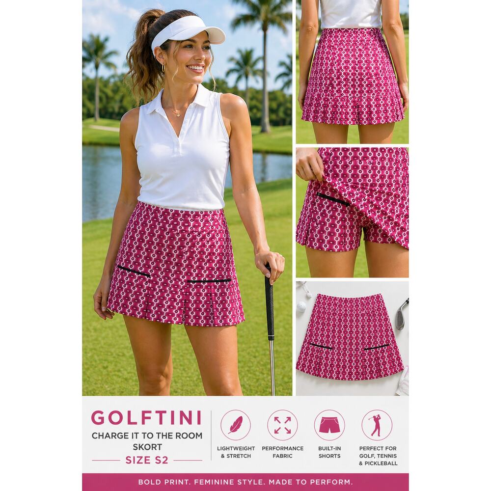 Golftini Charge It To The Room Skort S2 Pink Pleated Athletic Athleisure Golf